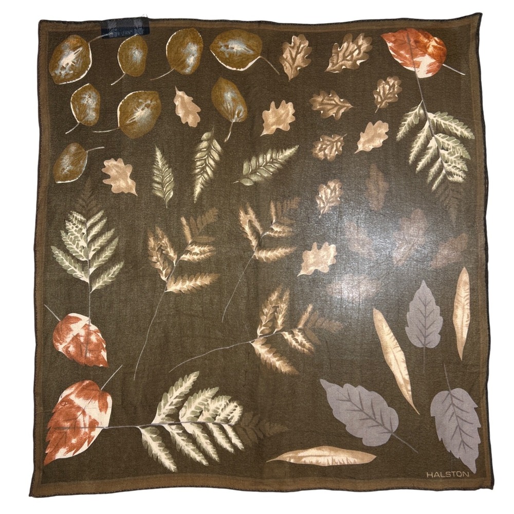 HALSTON Silk Scarf Leaf Print Earth Tones Square Shawl Accessory